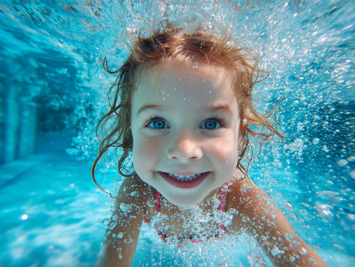 Happy young child smiling while swimming in a bright blue pool